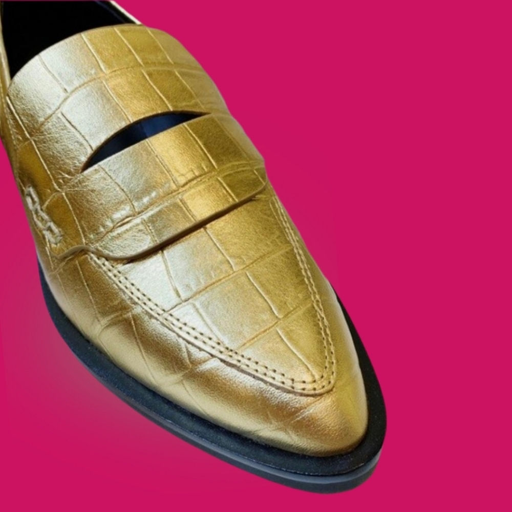 REBECCA MINKOFF Pacey Gold Penny Loafer Leather Croc Embossed Women's Size 8.5 - Picture 5 of 13